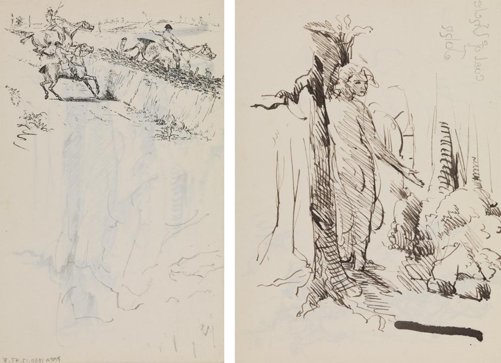 Young woman standing near tree; verso: Hunting party