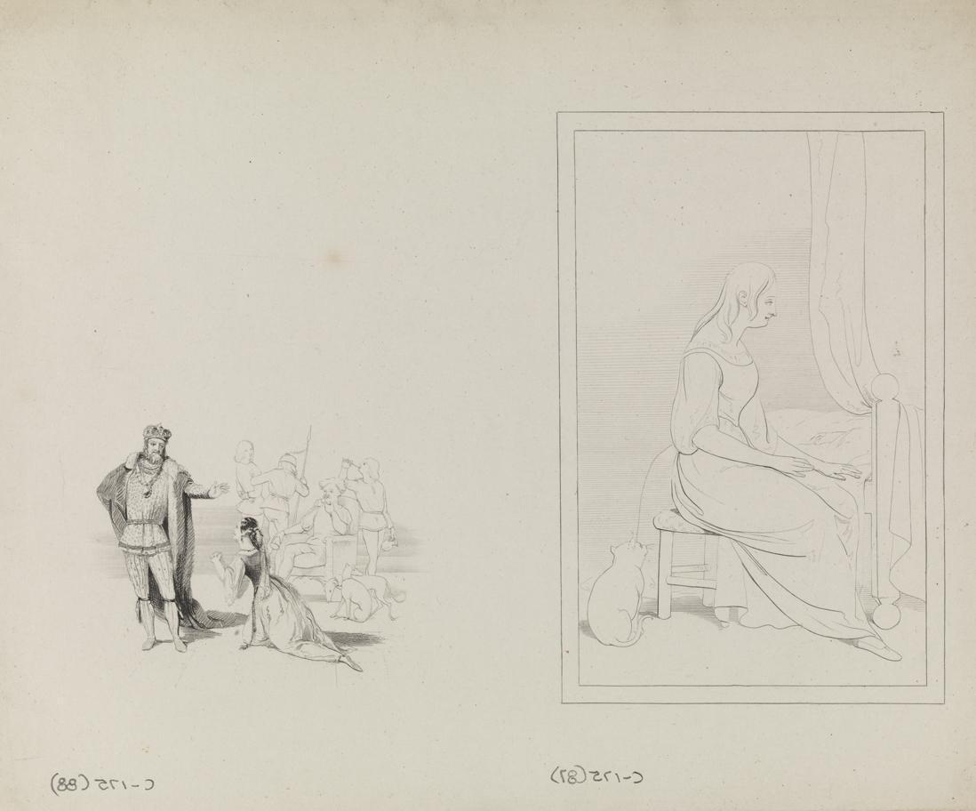 [Girl and cat seated by a bed (vignette)];  [Young woman imploring a monarch]