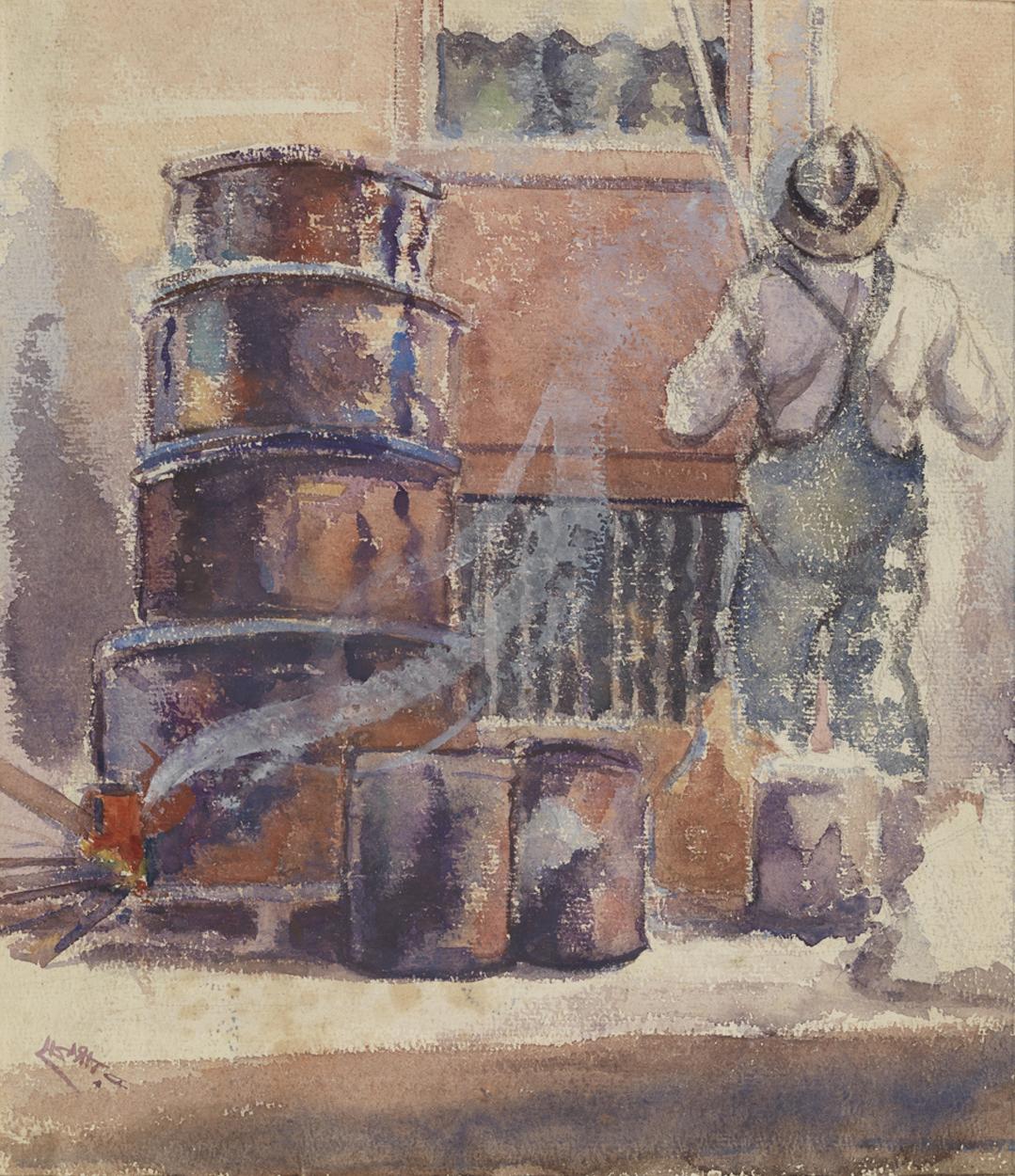 Untitled [Figure with oil barrels]