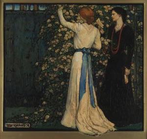 June by Violet Oakley. Two Women Stand in a Garden, one with their arm outstretched