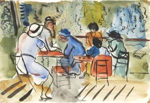 五颜六色的水彩画的人围在一张桌子