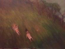 珍妮·坎兹勒，下山，2014，板面油画，12 x 16英寸.