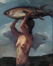 伊丽莎白·斯帕霍克-琼斯，女人与鱼，1936年或1937年，布面油画，18 3/16 x 15英寸.夫人的礼物. 托马斯·E. 德雷克(玛格丽塔. 欣奇曼收藏)，1955年.15.13
