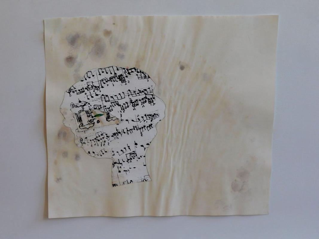 凯特·莫兰, “路易斯”, 水渍纸, 巴赫咏叹调的蚀刻, 还有一只漆成绿色的眼睛, 22"x 20", 2018