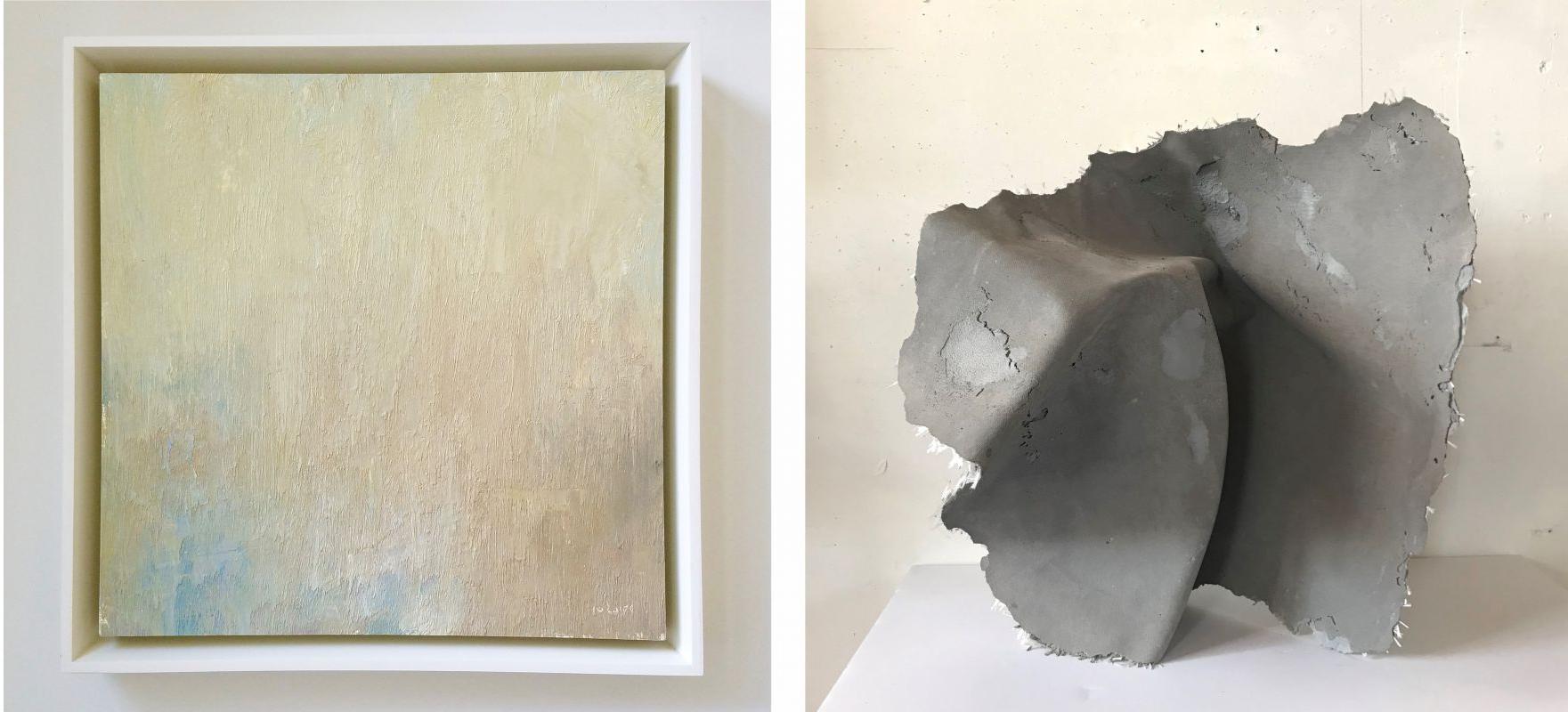 (左)Sarah Thompson Moore (BFA '15), 意图的重要性, 2014, 混凝土和玻璃纤维, 22" x 22" x 16 / (Right) Stuart Shils (Certificate 1982), 悬崖和海湾迷失在夕阳下, 2001, 将油涂在准备好的纸上，涂在面板上, 13" x 13"