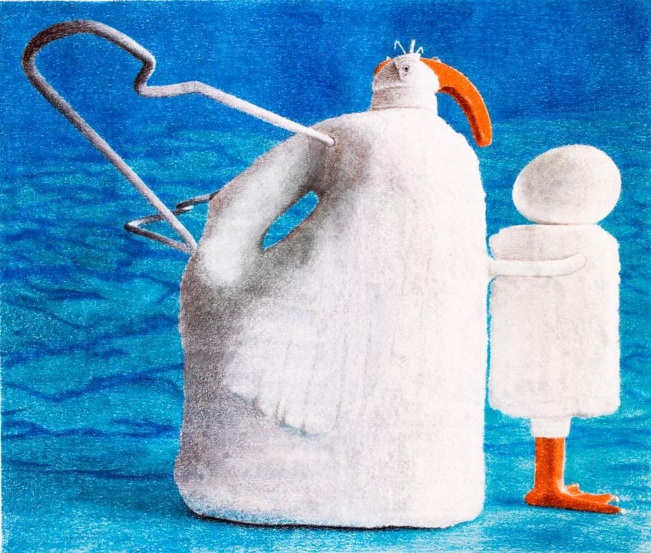 茱莉亚·麦吉恩，《雪人睡在海里》15英寸x12英寸.溶剂转移和彩色铅笔在布里斯托尔，2020年