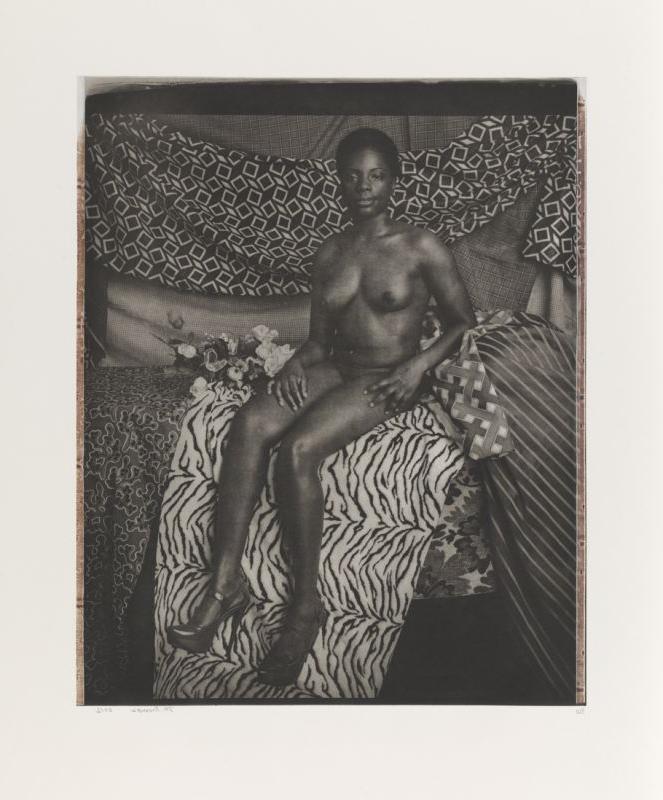 Mickalene Thomas, (b. 1971)  Portrait of Marie Sitting in Black and White, 2012 Photogravure with chine-collé on paper, ed. 1/20 21 x 17 in. (53.34 x 43.18 cm.) Museum Purchase. Published by the Brodsky Center at PAFA, Philadelphia, 2018.38.4
