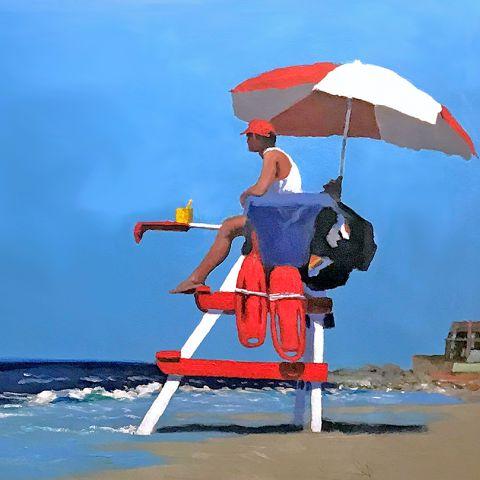 Lifeguard overlooking the beach and ocean - vibrant colors and contrasting reds and blues. 