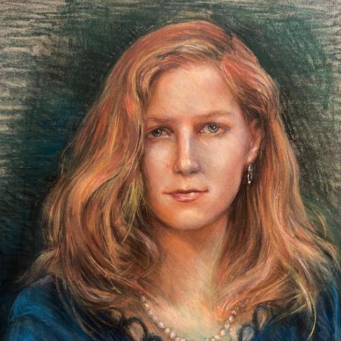 Pastel drawing of a young woman with sandy hair and blue dress. 