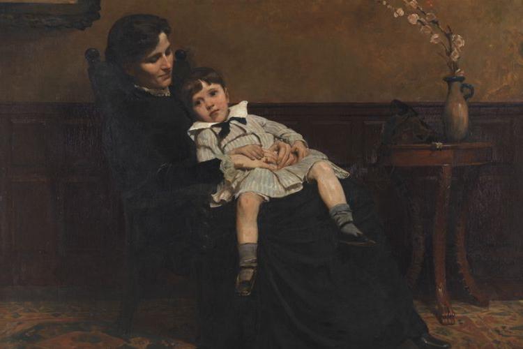 Painting Les derniers jours d'enfance by Cecilia Beaux of young boy on mother's lap