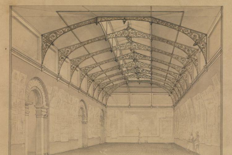 Detailed perspective ink drawing of museum interior. Dark grey line work and ornaments on beige paper. 