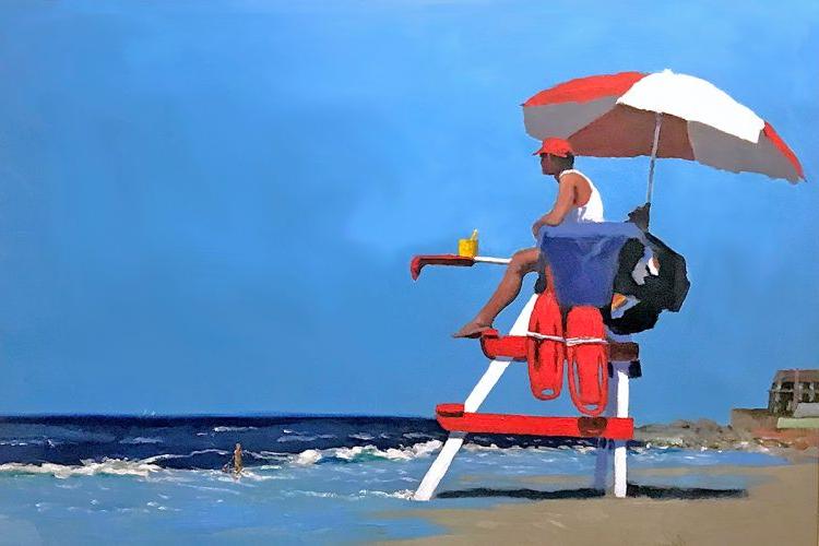 Lifeguard overlooking the beach and ocean - vibrant colors and contrasting reds and blues. 